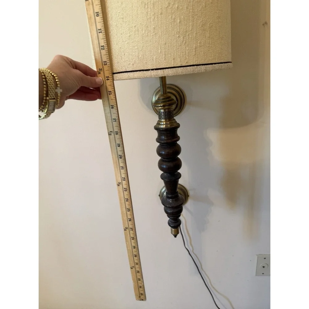 Vintage Roman Column Wall Sconce Lamp Wood Brass Org Linen Shade MCM Style